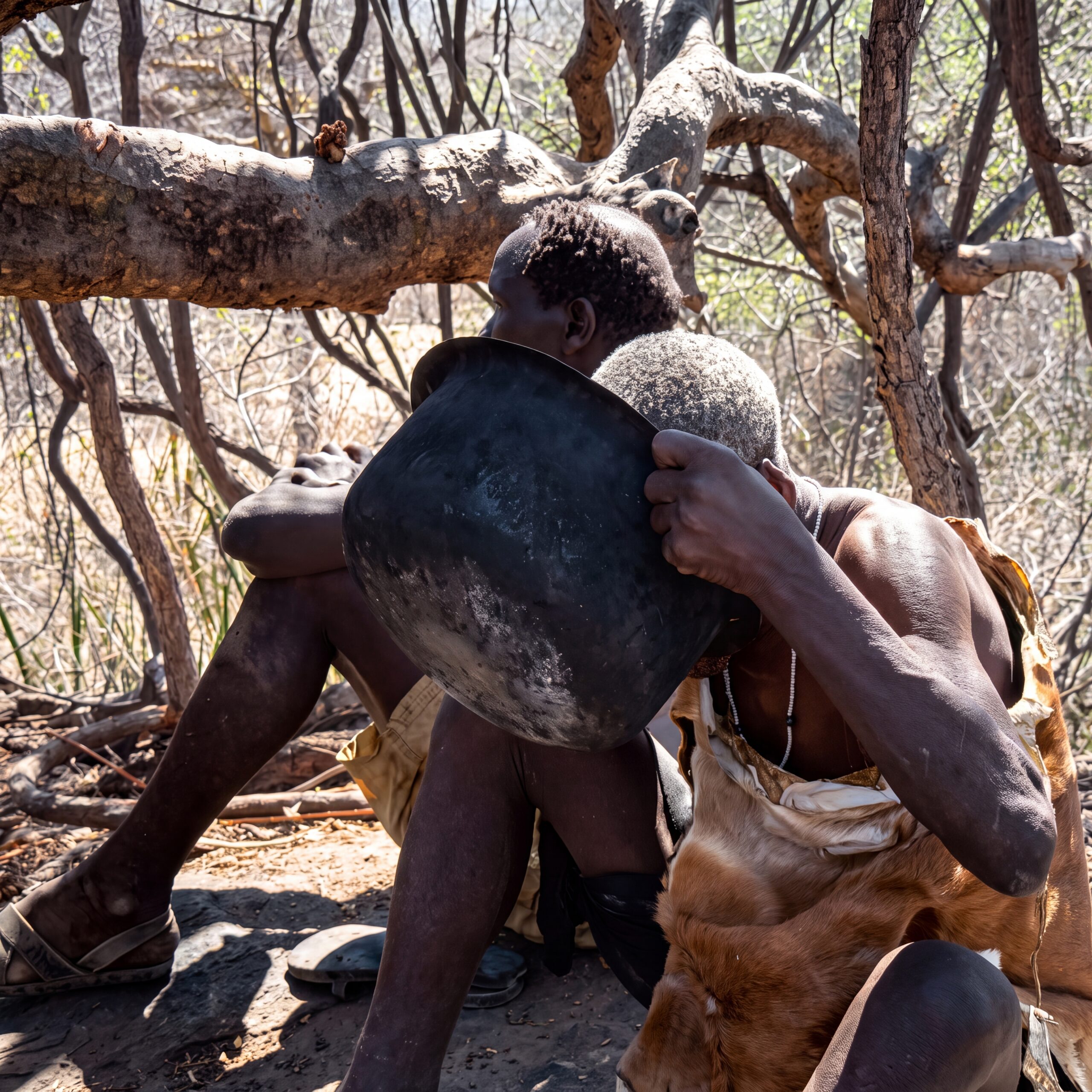 Two Hadzabe elders seated together beneath the shade of a tree near Lake Eyasi, sharing a quiet moment as one drinks from a metal cooking pot, reflecting the simplicity and continuity of daily life.