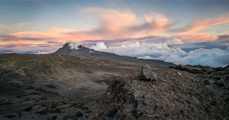 Mawenzi peak above clouds on Mount Kilimanjaro